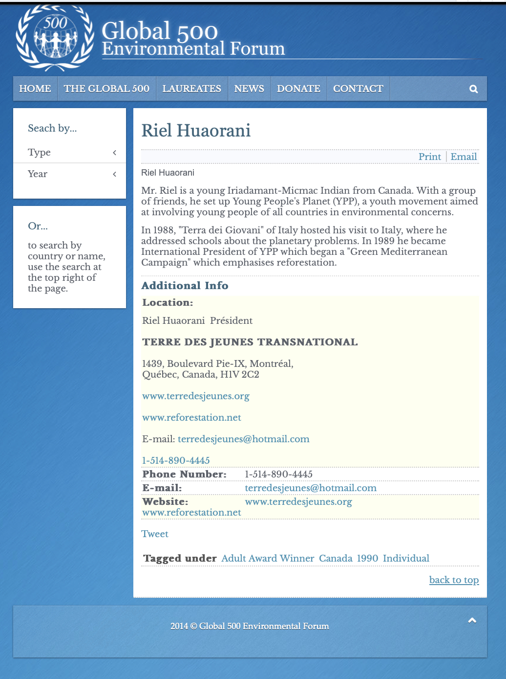 Site web indiquant que Riel Huaorani a obtenu le prix Global 500